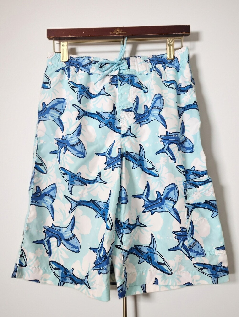 J. Khaki Blue & White Shark Swim Trunks Youth Large